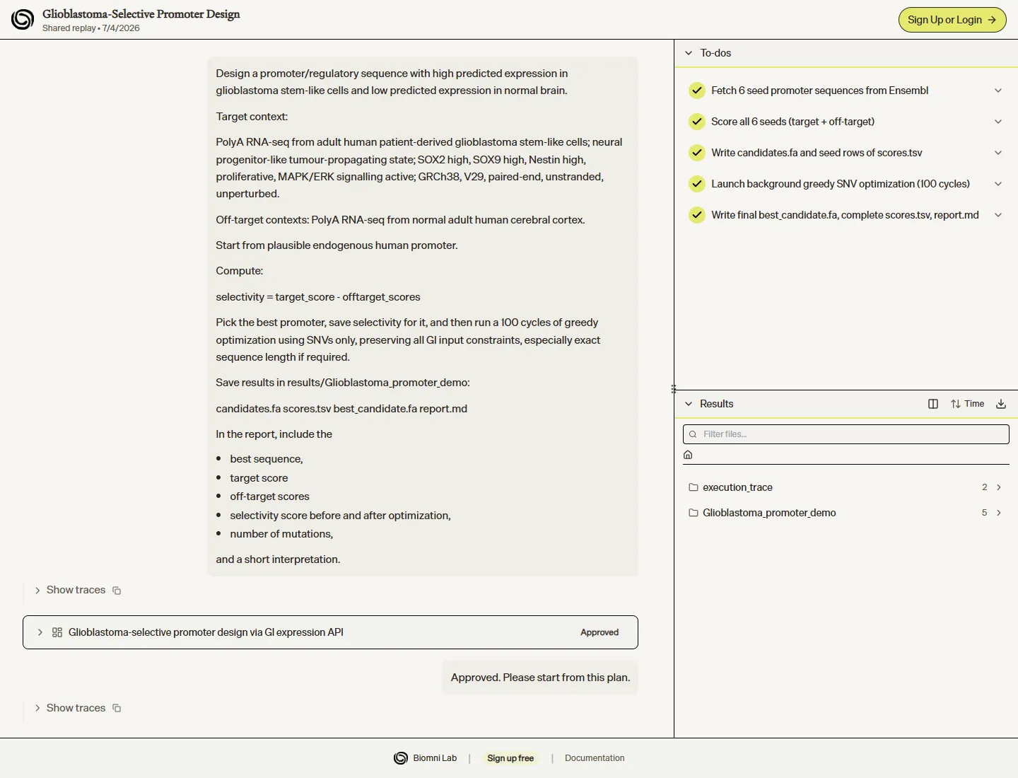 Biomni replay showing the glioblastoma-selective promoter design prompt and completed workflow to-dos.