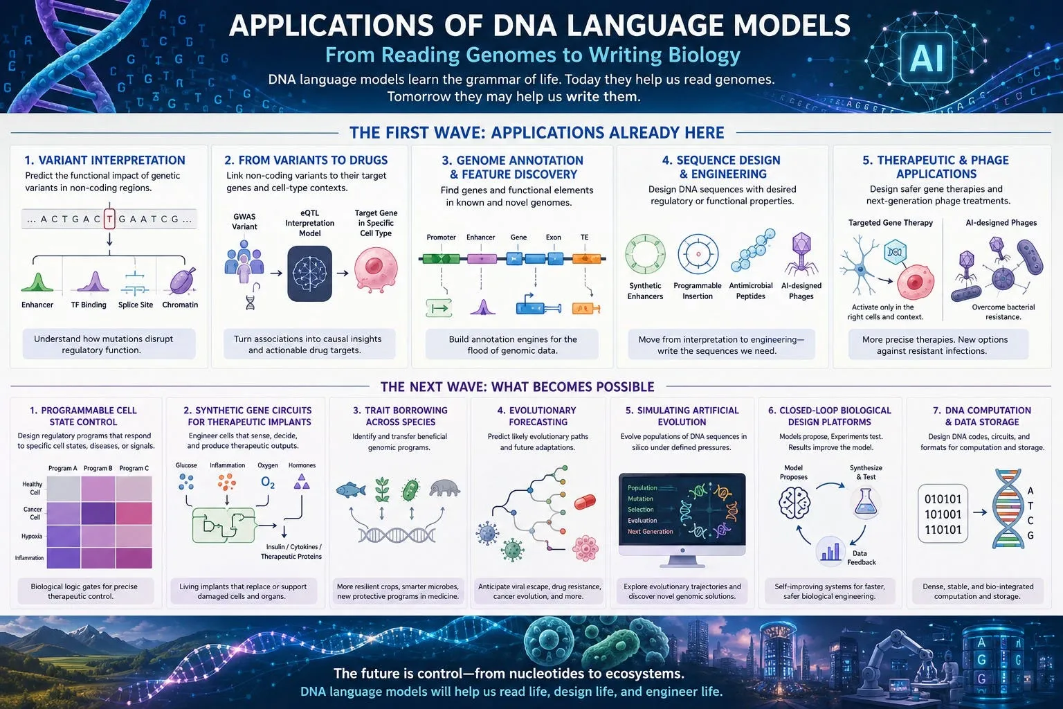 Infographic titled 'Applications of DNA Language Models — From Reading Genomes to Writing Biology,' organized into two rows. The top row, 'The First Wave: Applications Already Here,' shows five tiles: variant interpretation, from variants to drugs, genome annotation and feature discovery, sequence design and engineering, and therapeutic and phage applications. The bottom row, 'The Next Wave: What Becomes Possible,' shows seven tiles: programmable cell-state control, synthetic gene circuits, trait borrowing across species, evolutionary forecasting, simulating artificial evolution, closed-loop design platforms, and DNA computation and storage.