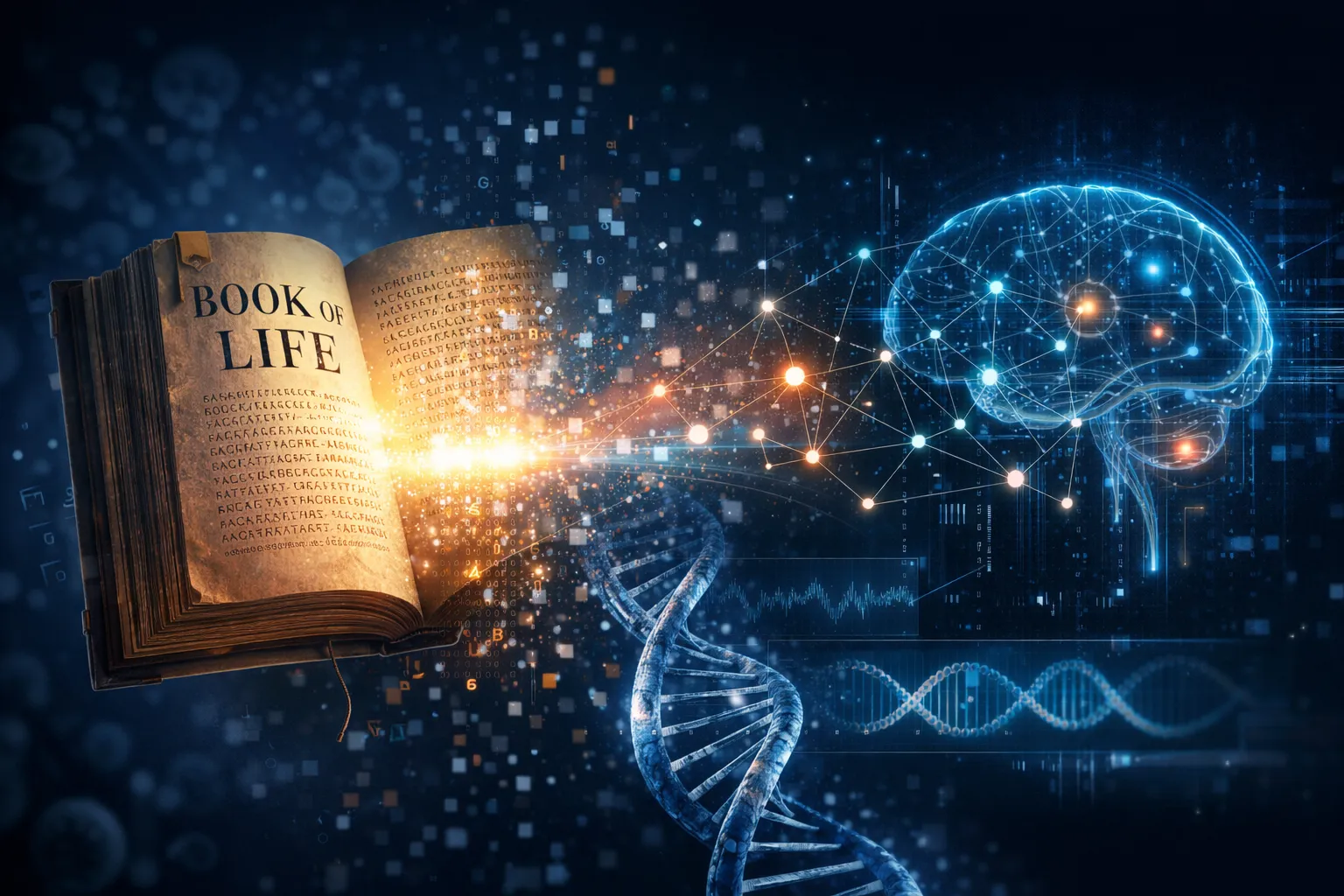 Conceptual illustration of an open glowing book labelled 'BOOK OF LIFE' filled with A, C, G, and T letters, with a DNA double helix and a neural-network motif on a dark blue background.