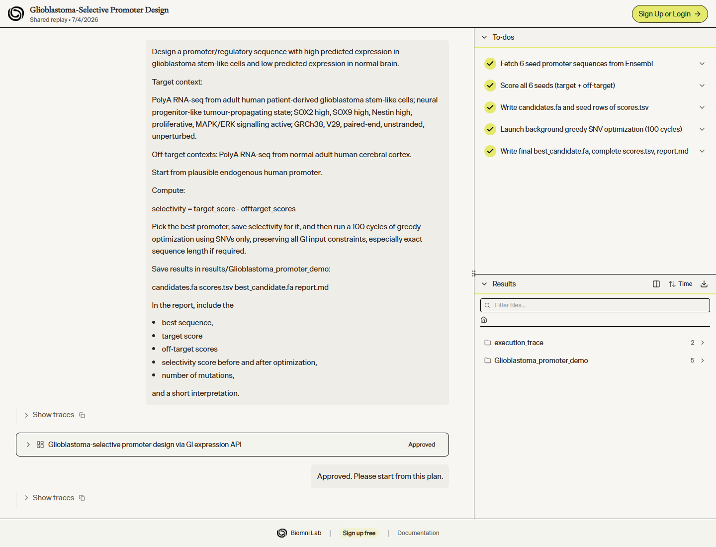 Biomni replay showing the glioblastoma-selective promoter design prompt and completed workflow to-dos.