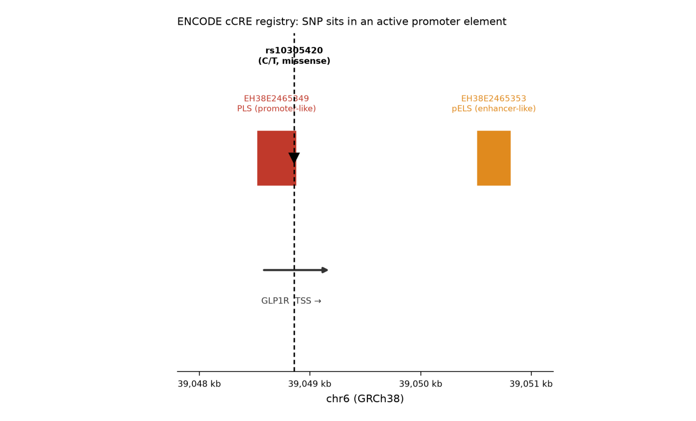 Regulatory overlap analysis for rs10305420 showing ENCODE promoter-like cCRE overlapping the GLP1R transcription start site.